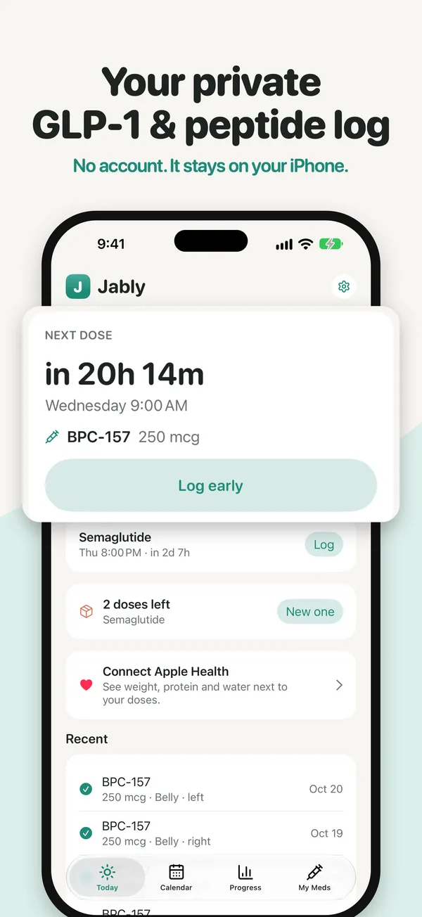 Jably Today screen with the next dose countdown and recent doses